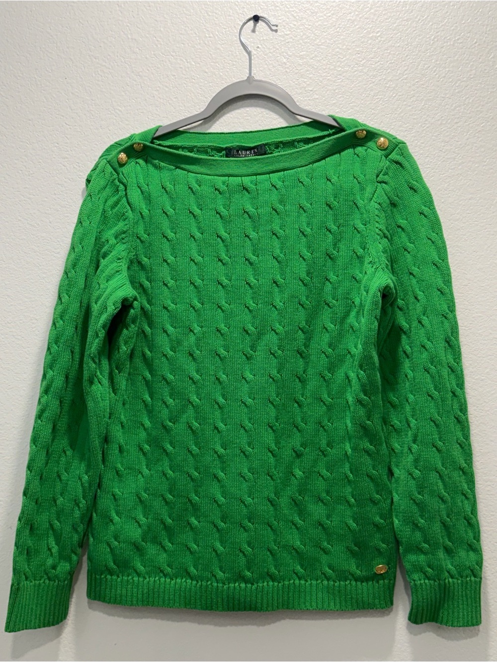 Vintage Ralph Lauren LRL Green Cotton Cable knit Sweater Womens XL Gold Buttons